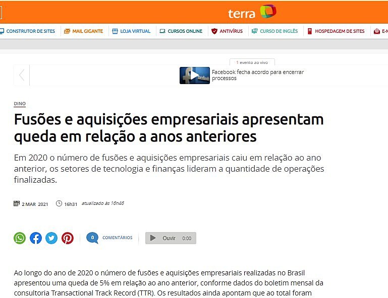 Fuses e aquisies empresariais apresentam queda em relao a anos anteriores